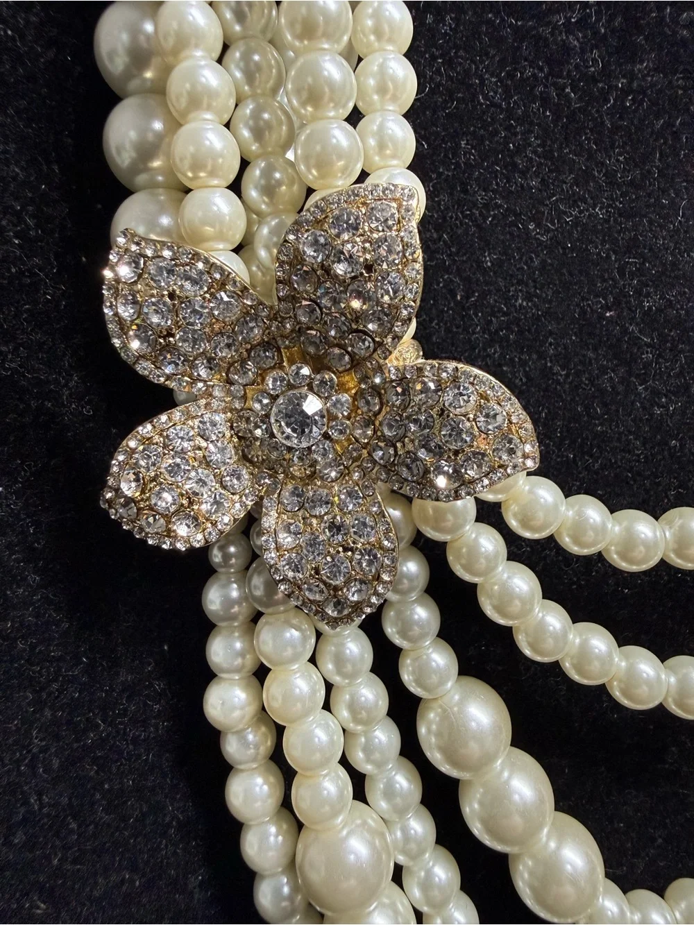 Vintage Italian Faux Pearl Multi Strand Statement Necklace Rhinestone Flower